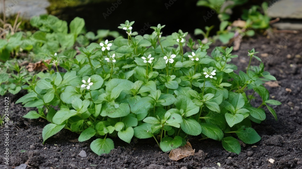 Delicate White Flowers Emerging from Lush Green Foliage in Natural Outdoor Setting Delicate White Flowers Emerging from Lush Green Foliage in Natural Outdoor Setting