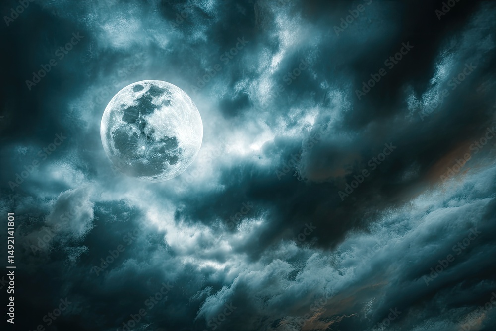 Fototapeta premium Full moon shrouded in ominous storm clouds