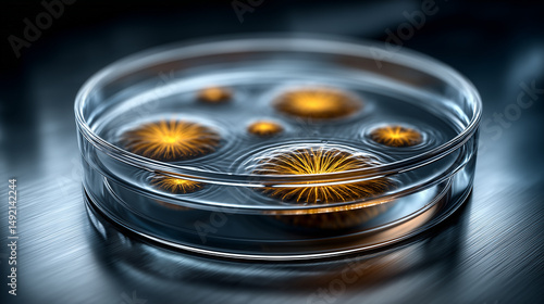 Scientific illustration of circular petri dish with glowing cultures  