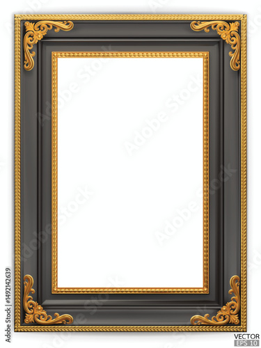 Realistic black wooden vintage frame on white background.  Rectangle frames mockup. Classic Photo wood frame. Black border for painting, poster, and photo gallery. 3d vector illustration.