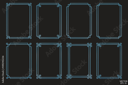 Simple Chinese blue geometric frames are isolated on black background. Luxury blue borders for invitations, luxury templates, and decorative patterns. Border design. 3D vector illustration.