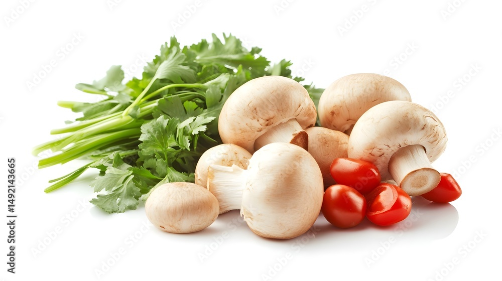 Photograph of fresh mushrooms, parsley, and cherry tomatoes on a white background. Photograph of fresh mushrooms, parsley, and cherry tomatoes on a white background.