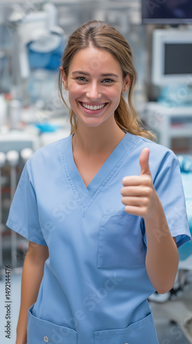 Young woman in scrubs smiling and giving a thumbs up in hospital  