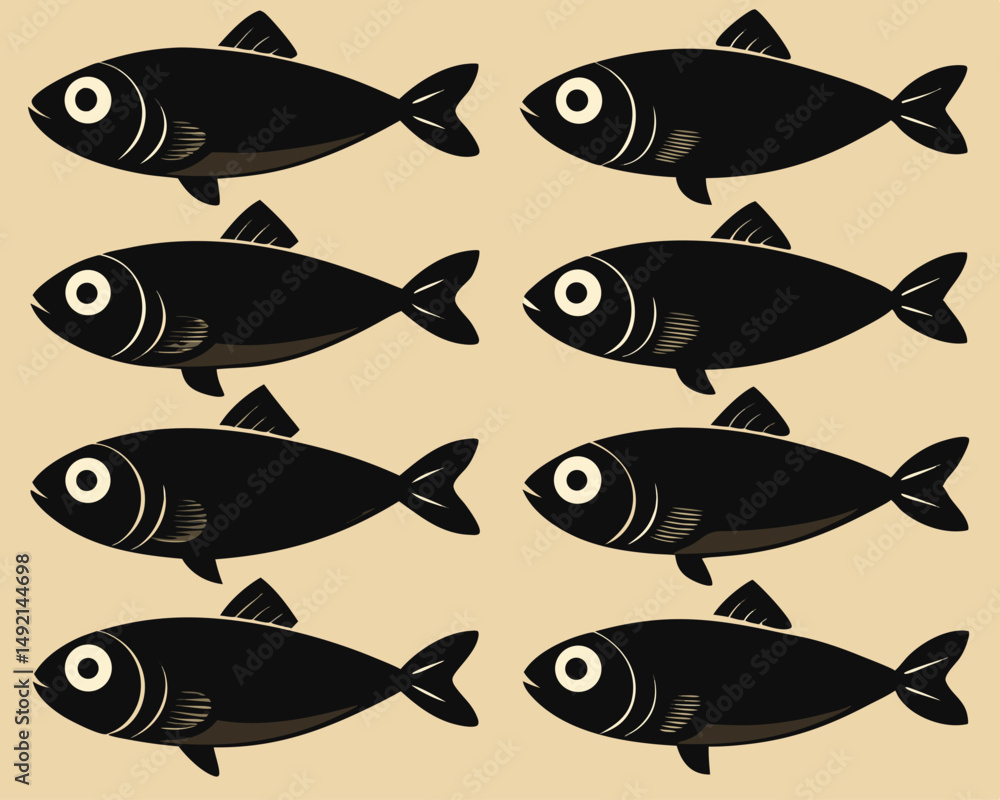 Fototapeta premium Stylized Black Fish Silhouettes – Set of Nine Unique Fish Icons in Rows