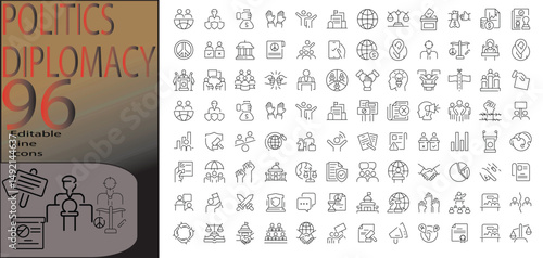 politics diplomacy line editable icon set. Editable stroke. Vector illustration