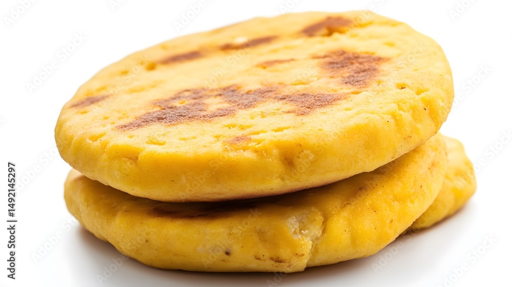 Photograph of two round, golden arepas stacked on a white background, exhibiting a slightly textured surface and... Photograph of two round, golden arepas stacked on a white background, exhibiting a slightly textured surface and...