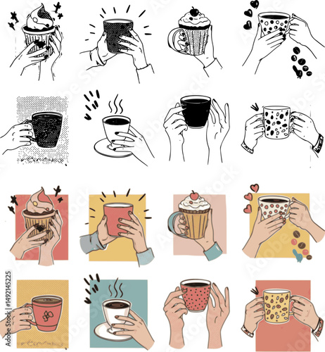 Trendy halftone collage elements set. Cutout hands holding cups and mugs of hot coffee or tea, sweets with vintage dotted texture and doodles. Modern retro vector illustration for mixed media design