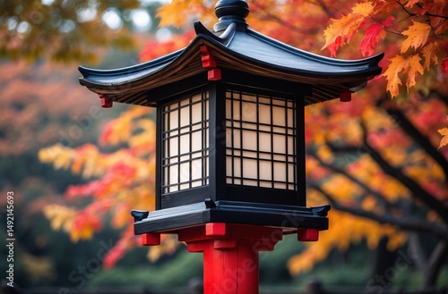 Traditional japanese lantern amid vibrant autumn foliage and scenic background