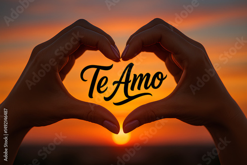  Female hands creating a heart shape in the center with text with the spanish phrase “Te Amo” against a colorful sunset background .