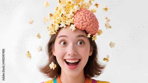 Cheerful, happy young woman with a model of a brain with popcorn spilling out of it on a white background. The concept of “popcorn brain” as a modern state of fragmented attention.