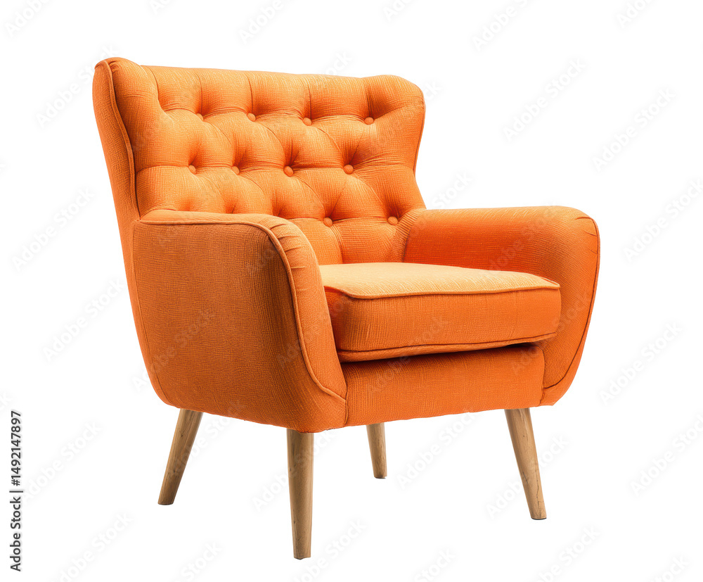 Fototapeta premium Bright orange armchair with tufted upholstery and wooden legs on a transparent background, cut out