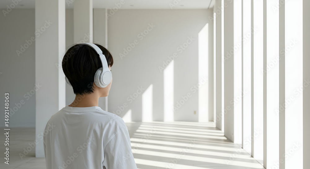 Fototapeta premium woman, girl, young, Young Woman Listening to Music in Modern Architecture