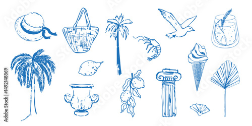 Summer seashore greek sea tourism, rest sketch drawing. Line hand drawn beach party elements. Vacation doodle tropical print.