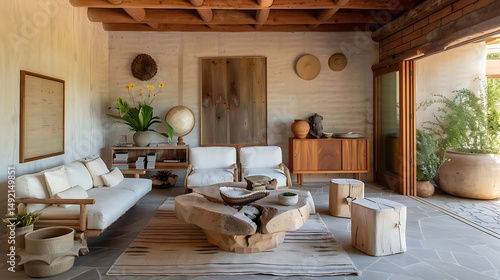 Bohemian Living Room Decor with Neutral Colors and Natural Wood Elements