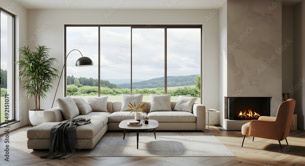 Fototapeta premium modern living room, contemporary interior, interior design, Modern Living Room with Fireplace and Panoramic View