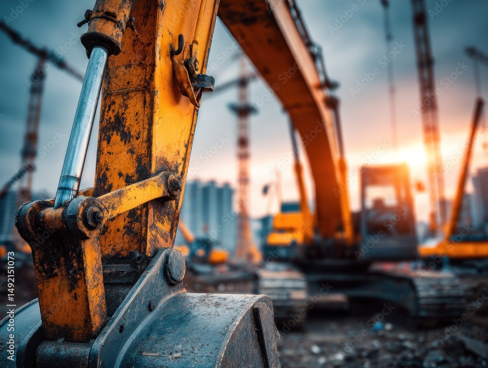 Fototapeta premium Close up of a rusty excavator arm at a construction site at sunset
