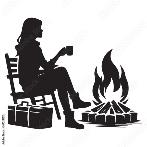 Woman Camping Silhouette by Campfire Relaxing Outdoor Illustration