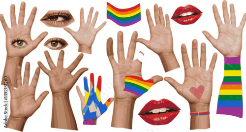 LGBTQ Pride month halftone collage elements set. Grunge cut out from magazine human hands, eyes, lips and rainbow doodles. Trendy modern retro vector illustration