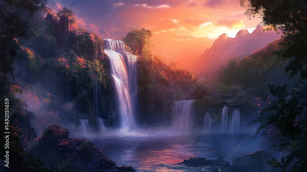 Serene sunset over lush waterfall cascading into a tranquil pool, nestled within a vibrant, misty mountain landscape Serene sunset over lush waterfall cascading into a tranquil pool, nestled within a vibrant, misty mountain landscape