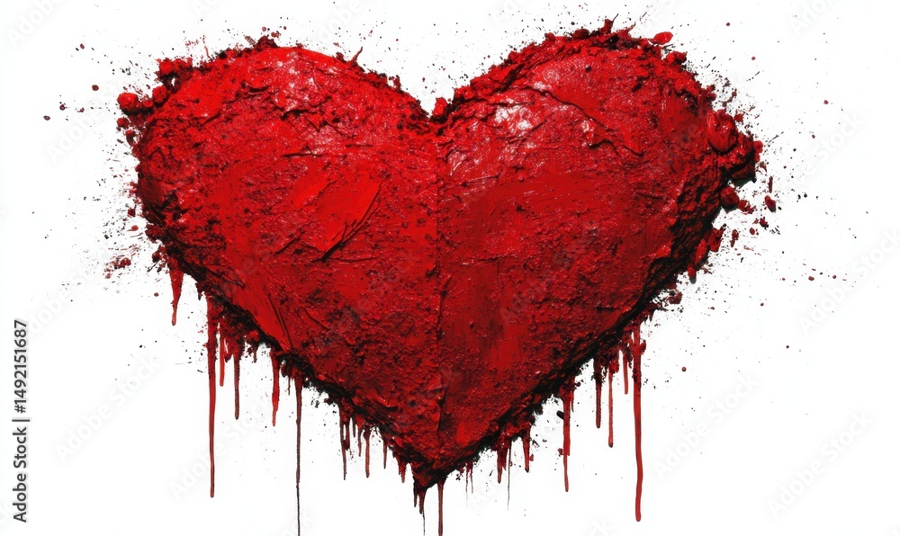 Red heart art, textured paint drips, white background, Valentine's Day Red heart art, textured paint drips, white background, Valentine's Day