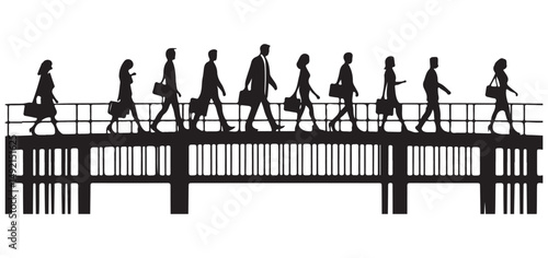 Business People Silhouette Walking on Bridge Vector Illustration Art