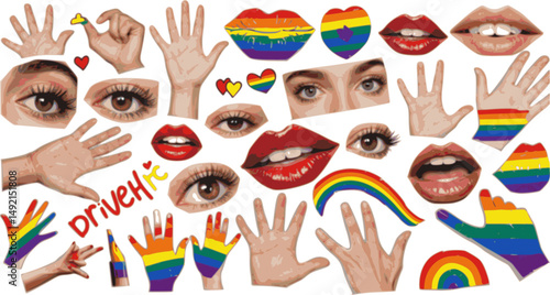 LGBTQ Pride month halftone collage elements set. Grunge cut out from magazine human hands, eyes, lips and rainbow doodles. Trendy modern retro vector illustration