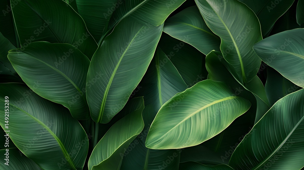 Obraz premium Photograph of lush green banana leaves, overlapping in a dense, dark background.