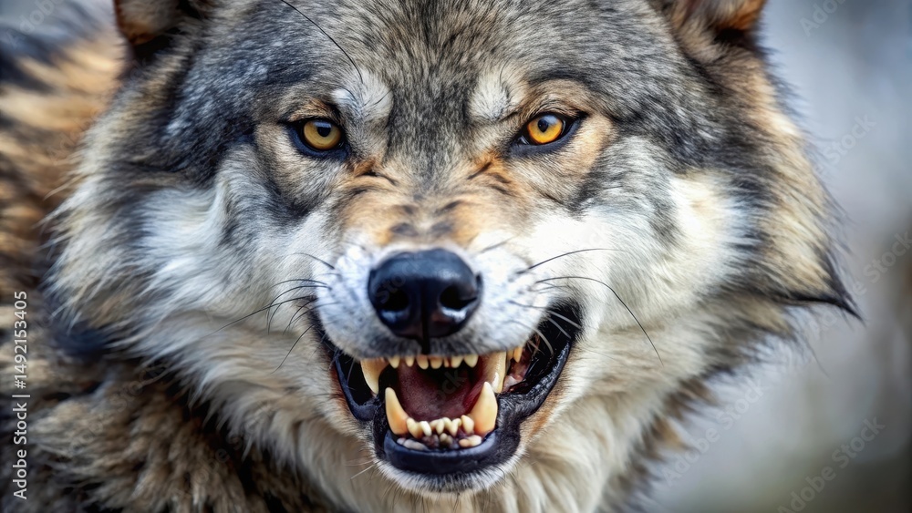 Fototapeta premium Close-up of wolf's mouth with sharp teeth and intense jaws, fierce, animal mouth, fierce, animal mouth, wild animal