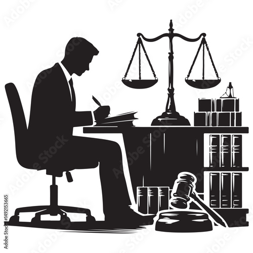 Silhouette lawyer at desk with scales of justice vector illustration