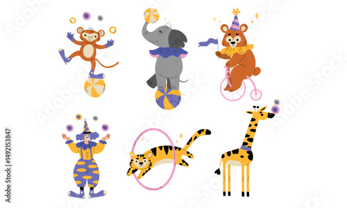 A whimsical and enchanting scene of various circus animals joyfully performing their amazing tricks