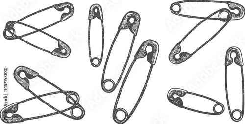Halftone stipple elements set. Safety pins set with grunge dotted texture for y2k collage design, punk symbol. Retro photocopy vector illustration isolated on transparent background