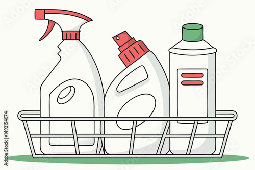 56 plastic cleaning bottles, household chemicals, spray bottles, cleaning products, white containers, red and green lids, studio shot, simple background