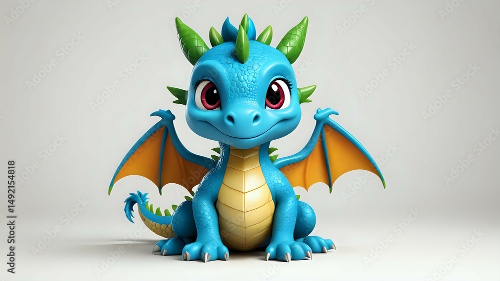 Fototapeta premium Adorable cartoon baby dragon, blue and orange wings, sitting. Perfect for children's books, games, and fantasy projects.