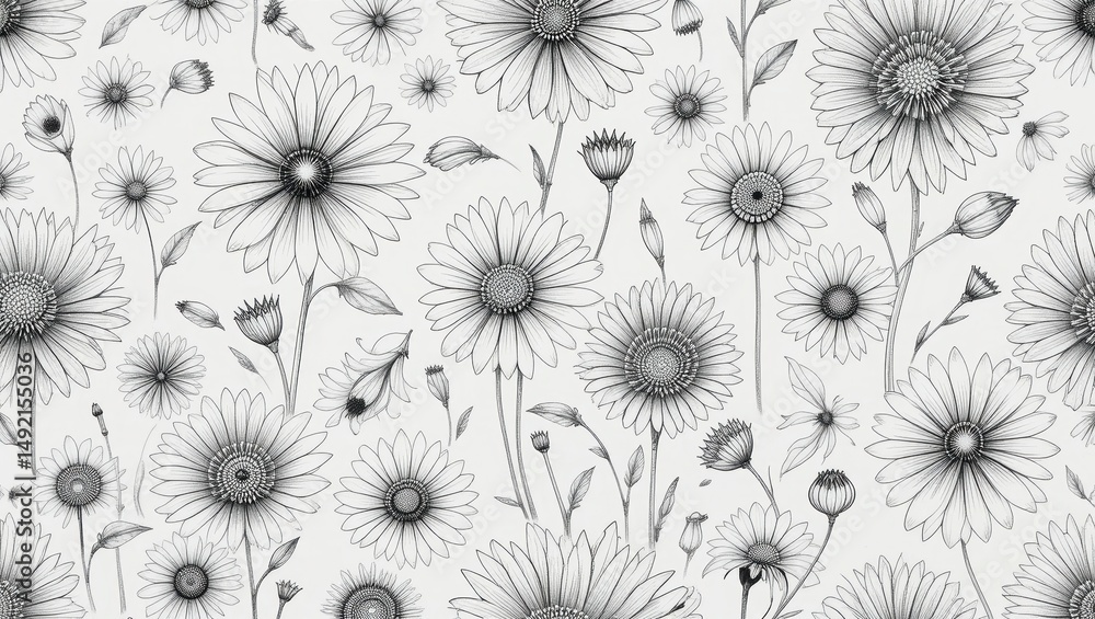 Black and White Floral Pattern Featuring Intricate Dandelion Seed Heads on a White Background Black and White Floral Pattern Featuring Intricate Dandelion Seed Heads on a White Background