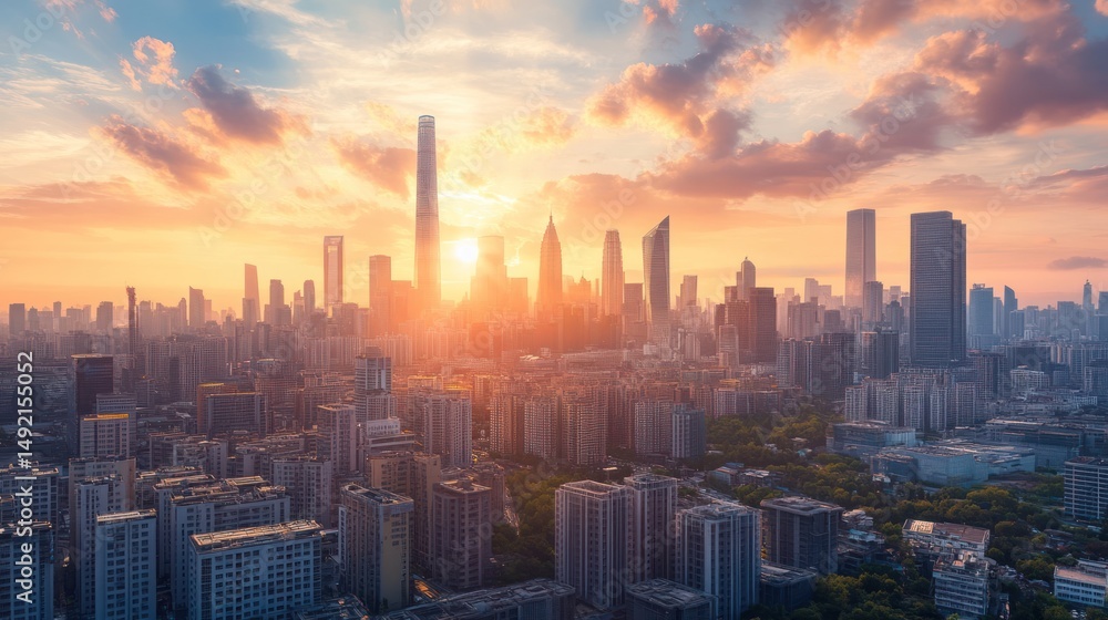 Fototapeta premium Vibrant sunset over a sprawling metropolis skyline