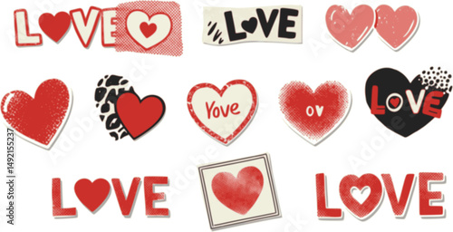 Love and Valentine's day halftone art collage cut outs set. Various paper clipping shapes, romantic stickers with vintage dotted texture and doodles Modern retro grunge mixed media vector illustration