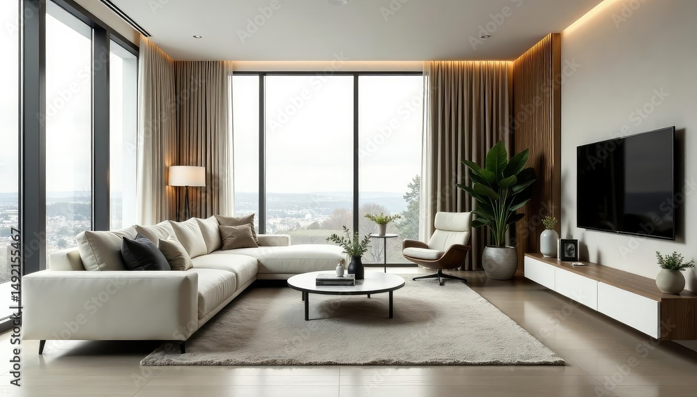 Modern minimalist living room with large window, comfortable sofa, and stylish decor , architecture, living room, artwork Modern minimalist living room with large window, comfortable sofa, and stylish decor , architecture, living room, artwork