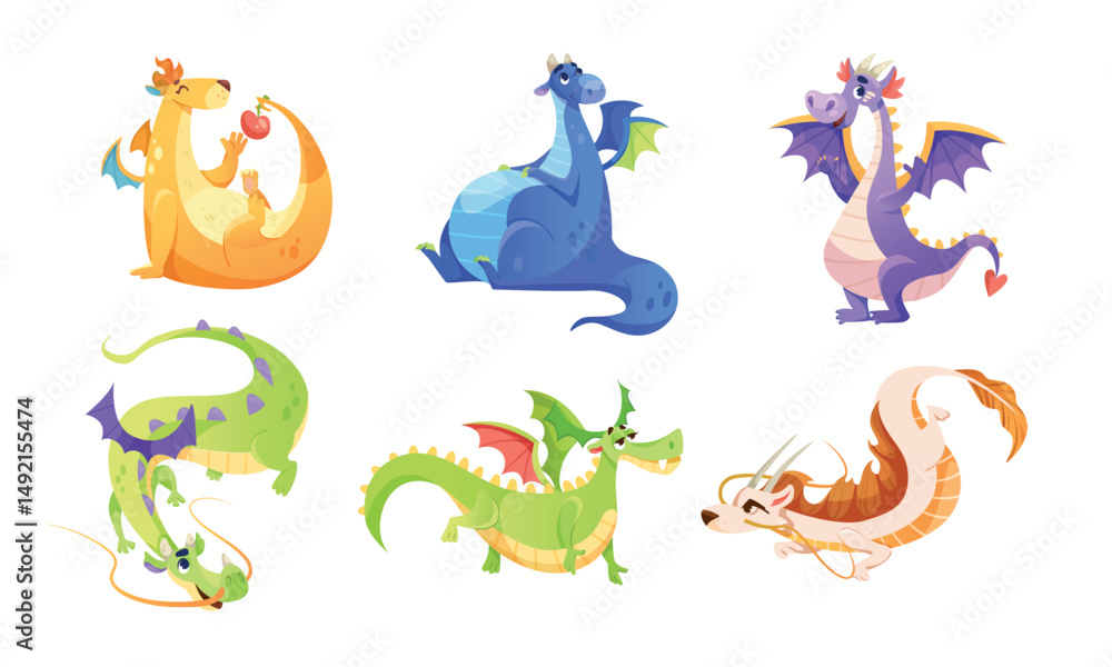 Fototapeta premium Colorful Pixel Art Dragons Displaying a Variety of Playful Poses and Expressions