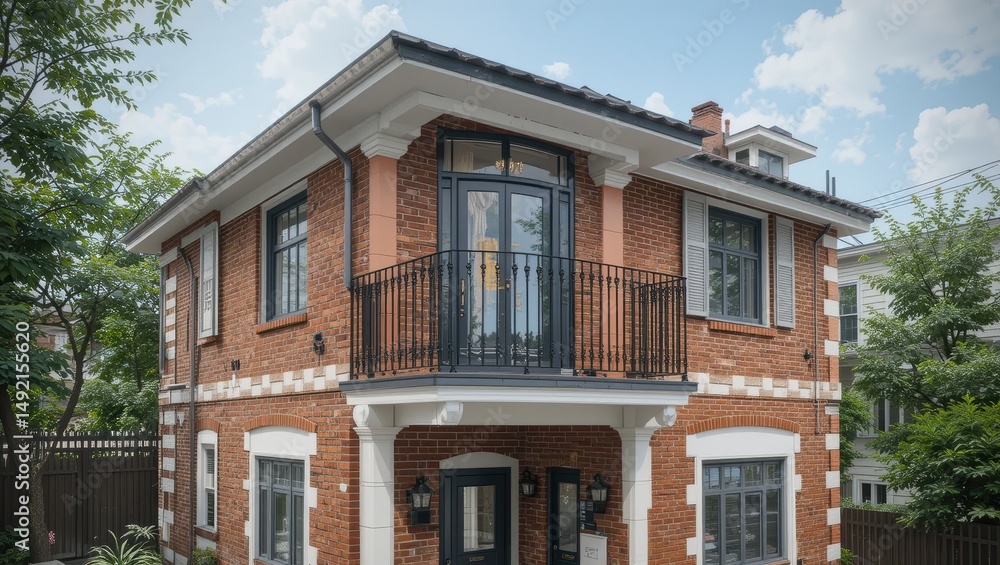 Fototapeta premium Charming Brick House with Balcony and Greenery Under a Clear Blue Sky