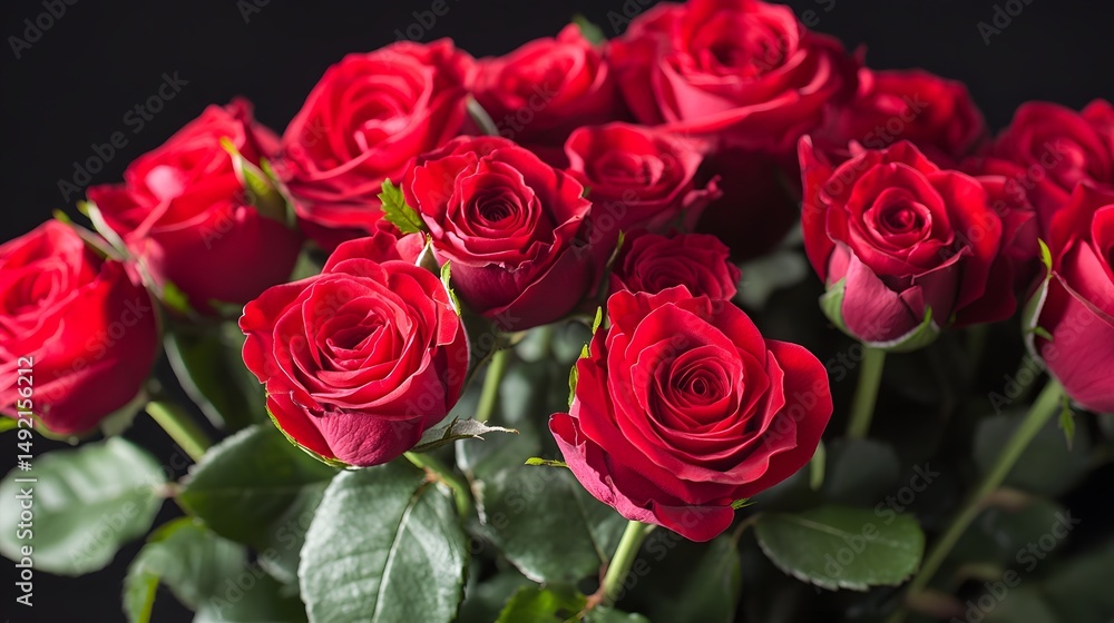 Fototapeta premium Photograph of a vibrant collection of red roses against a dark background.