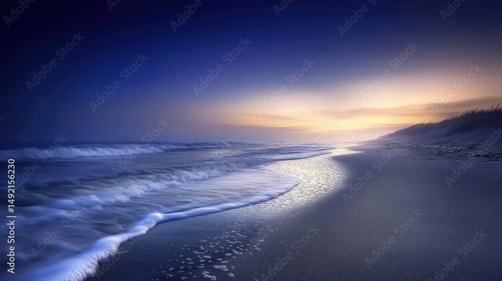 Fototapeta premium Serene twilight beach scene; waves gently lapping shore