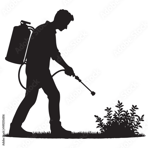 Silhouette of Pest Control Specialist Spraying Weeds Professionally in the Garden