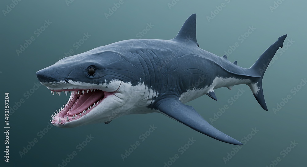 Fototapeta premium Shark Swimming with Open Mouth Showing Teeth in Dark Blue Water