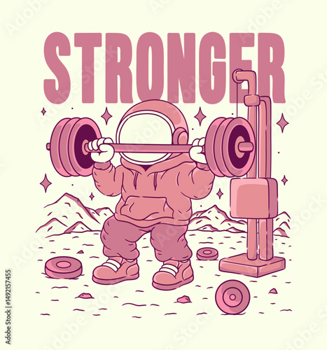 Casual Astronaut Character Lifting a Barbell, in Retro Urban Style Illustration for Streetwear and Poster Art Design