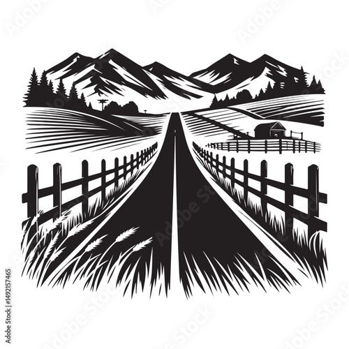 Road to the Countryside Farm Landscape Scenery Illustration