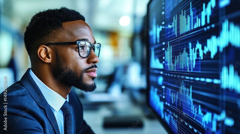 Focused business professional analyzes financial data on a large display Focused business professional analyzes financial data on a large display