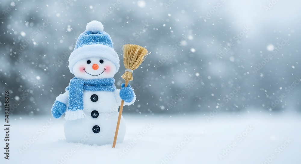 Fototapeta premium Cute Snowman with Broom in Snowfall