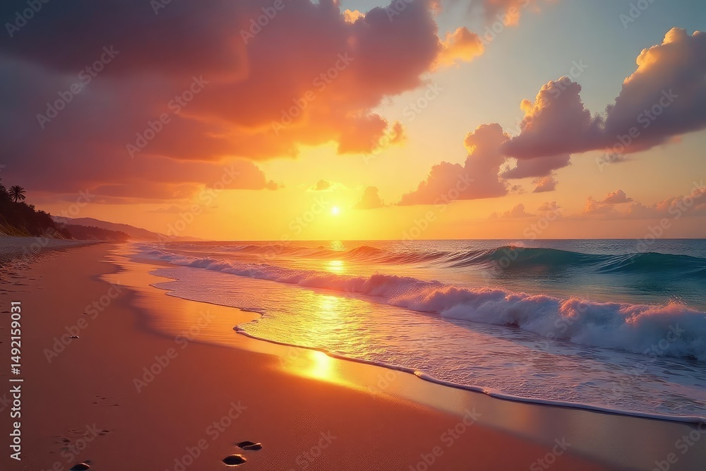 Fototapeta premium Stunning sunset over a tranquil beach, golden light reflecting on the sand and waves , serene, panorama