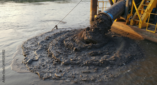 Large pipe discharging dredged sediment into river at sunset with visible slurry flow. Hydraulic dredging process for waterway maintenance and river restoration in environmental management
