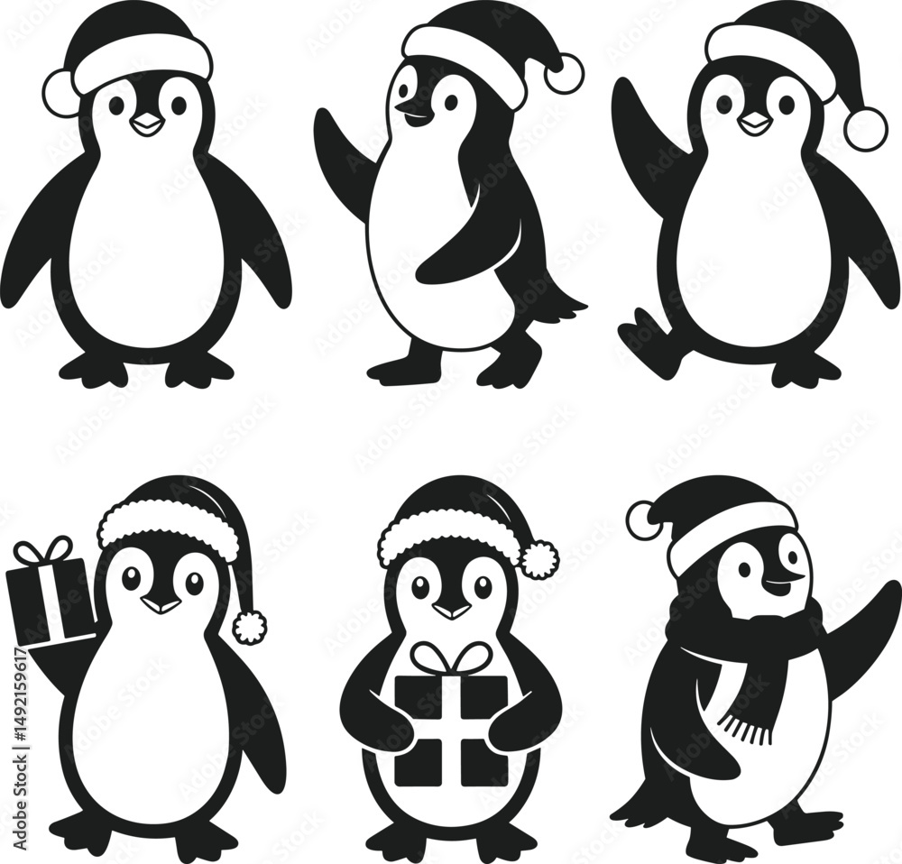 Fototapeta premium Set of Cute Christmas Penguin Silhouettes in Santa Hats Vector Illustration